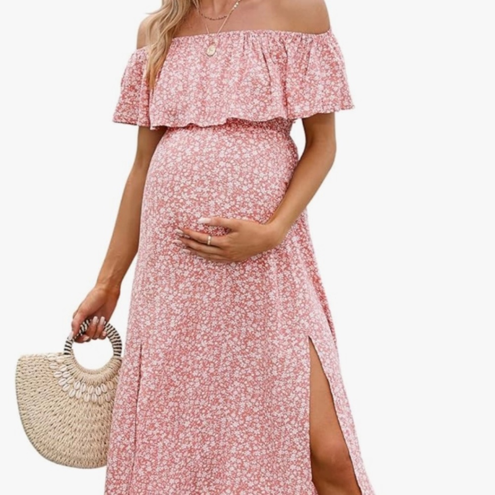 Off-Shoulder Pink Floral Maternity Maxi Dress